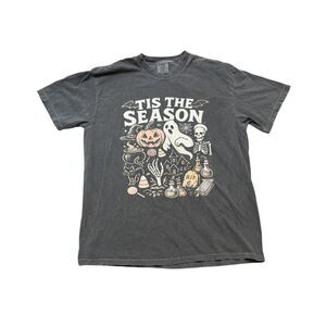 Tis the Season Ghost Pumpkin Graphic Halloween Tee Shirt Gray Unisex Size XL